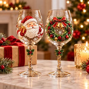 May include: Two clear glass wine glasses featuring festive holiday designs. One glass displays a raised Santa Claus figure with a gift, while the other features a green wreath with a red bow and gold bells. Both stems are decorated with holly leaves.