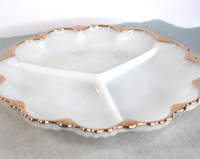 Featured listing image: Vintage 1960's Fire King Achor Hocking Milk Glass and Gold Relish Tray