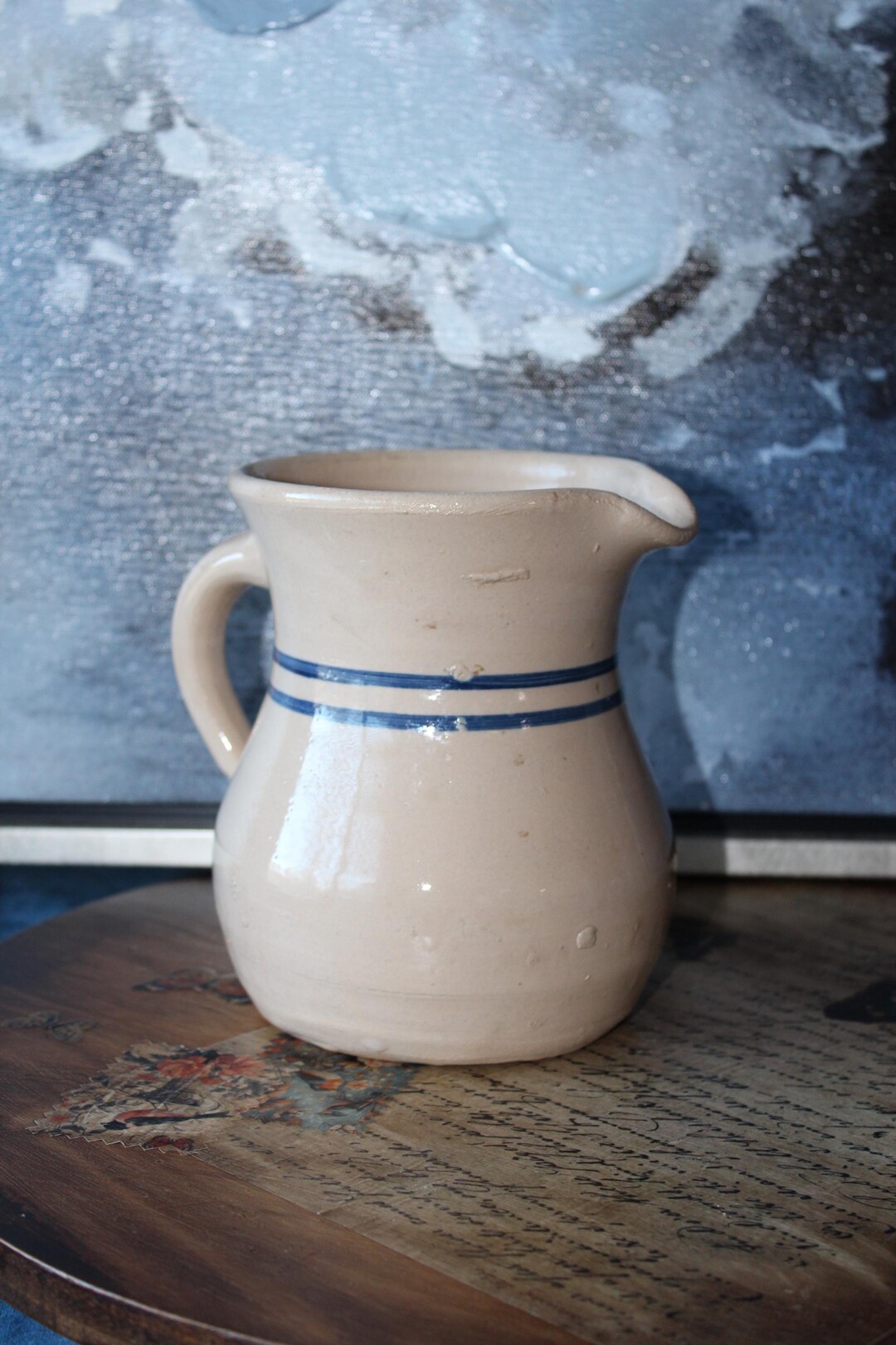 Hand Thrown Clay Stoneware Pottery Pitcher Vase Blue Stripe 6 Inch - Etsy