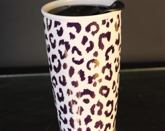 Ceramic Travel Mug with Lid Gold Metallic Leopard Print