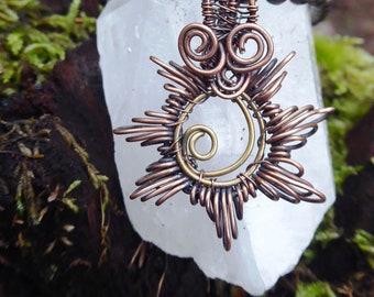 Copper moon and sun wire corona pendant