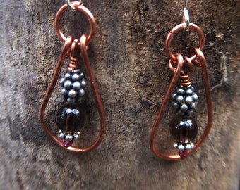 Smoky quartz gemstone and copper dangle hoop earring