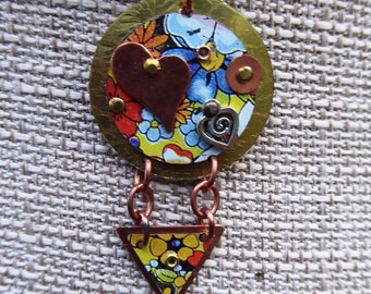 Vintage flower tin pendant heart love mixed metals