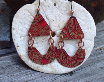Red and goldtone recycled vintage tin dangle earrings