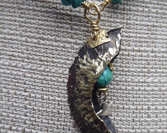 Organic, tribal fold form turquoise gemstone bronze crescent moon pendant with turquoise beads