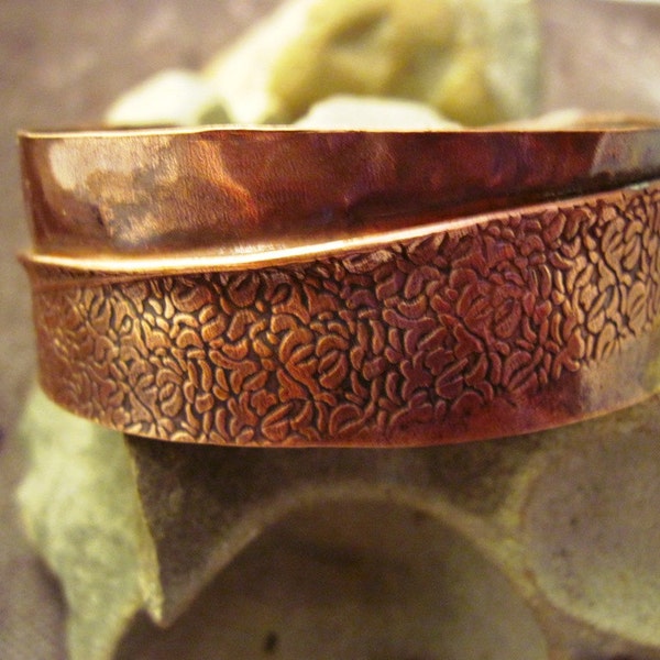 Tribal Organic Copper forged fold form wide bracelet