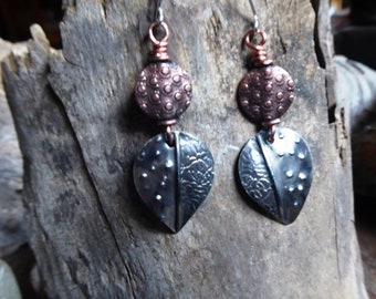 Mixed metal fold form dangle leaf earrings