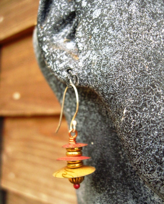 Recycled tin Asian inspired dangle earring with brass and copper