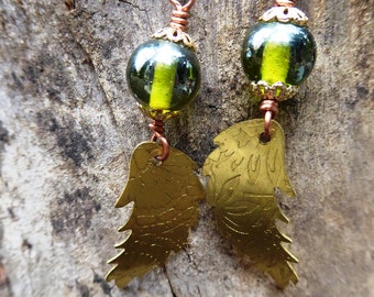 Bead and feather brass dangle earrings