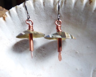 Recycled vintage tin and copper mixed metal dangle boho mushroom earrings