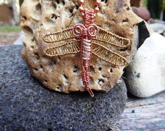 Handmade wire wrap nugold winged dragonfly pendant- Insight