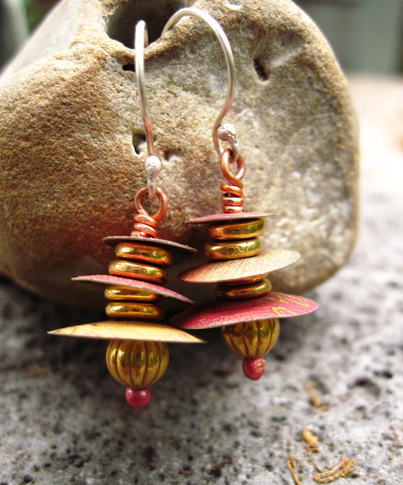 Recycled tin Asian inspired dangle earring with brass and copper