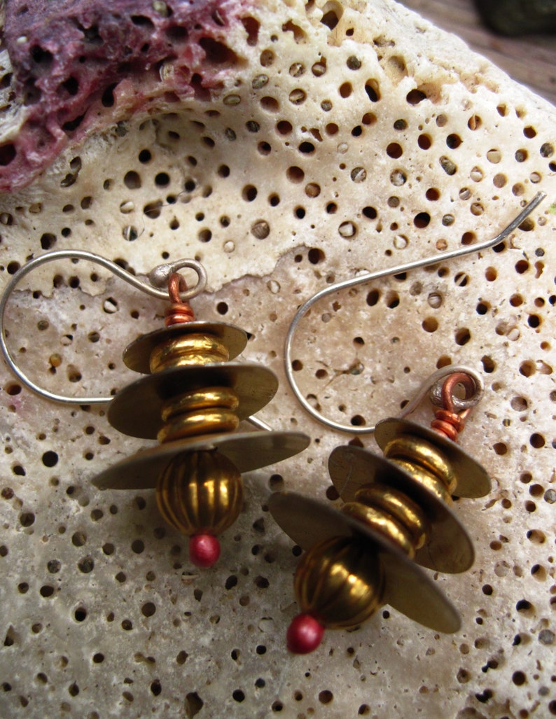 Recycled tin Asian inspired dangle earring with brass and copper