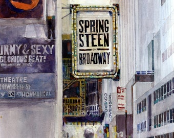 Bruce Springsteen On broadway - New York City Street View-Broadway- Vertical- Art Print  from Original Watercolors