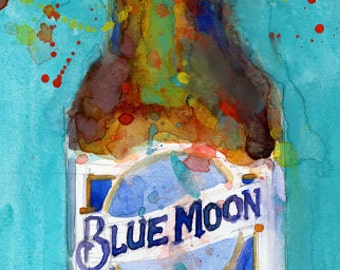 Blue Moon Beer - 2016 Beer Art Print from Original Watercolor  - Beer Bottle Art- Man Cave