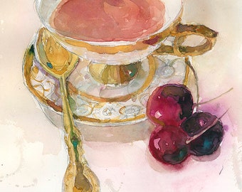 Tea Cup with Cherries  Orignal or Print (Kitchen Art)