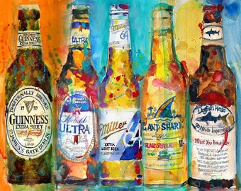 Five of my favor beers  Print from Original Watercolor Great for Man Cave