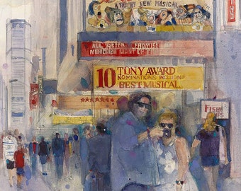 Something Rotten - Broadway Musical - Selfie - NYC Theatre District Watercolor Print by Dorrie Rifkin  Various Sizes