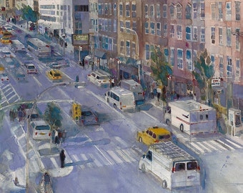 39st View of  New York City Street - Horizontal -  Giclee or Art Print  from Original Watercolor - Den - Watercolor lovers