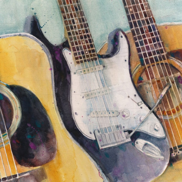 Washburn, Fender and Martin  Watercolor Art Print - Music Lover - Accoustic Electric