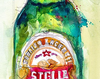 Stella Artois Beer Art Print from Original Watercolor - Men Cave - College Dorm Room