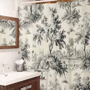Vintage Toile Shower Curtains - Retro Botanical Floral Bathroom Decor, Elegant Design, Home Bath Accessories, Classic Style, Nature Inspired