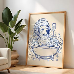 Vintage Blue Dog Bath Print: Retro Bathroom Pet Art (Digital Download