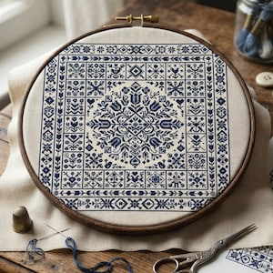Op de afbeelding: Een ronde houten borduurring met een gebroken witte stof voorzien van een gedetailleerd marineblauw kruissteekpatroon, bestaande uit florale en geometrische motieven in een vierkant raster rondom een centraal gestileerd bloemmotief.