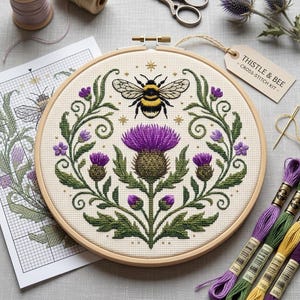 Borduurpatroon Distel & Bij, Wilde Bloemen en Hommel Borduurwerk, Tuininsect (PDF Digitale Download)
