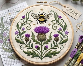 Thistle & Bee Cross Stitch Pattern, Wildflowers and Bumblebee Embroidery, Garden Insect (PDF Digital Download)