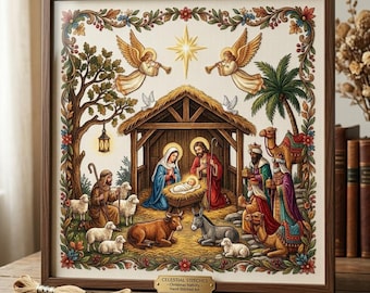 May include: A framed cross-stitch nativity scene featuring a central stable with figures, angels, and animals, surrounded by a floral border. A small gold plaque reads CELESTIAL STITCHES - Christmas Nativity - Hand-Stitched Art.