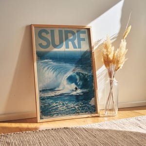 Surf art print vintage ocean wave poster coastal beach decor blue surfing photography retro surf wall art summer beach wall decor ocean