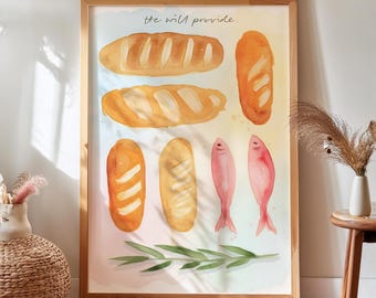 Loaves and Fish Watercolor Print, Christian Scripture Art (Digital Download)