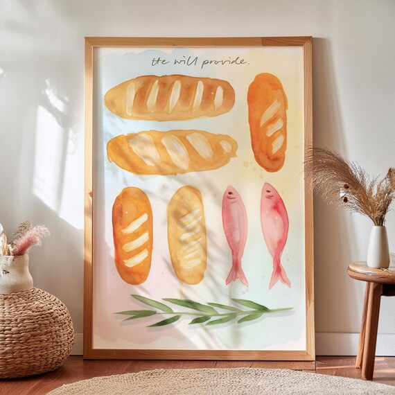 Loaves and Fish Watercolor Print, Christian Scripture Art (Digital Download)