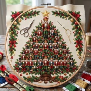 Könnte beinhalten: Ein Kreuzstichprojekt in einem hölzernen Stickrahmen, das einen Weihnachtsbaum aus mehreren Nussknacker-Figuren zeigt. Das Design umfasst einen goldenen Stern, Stechpalmen-Girlanden mit roten Schleifen und Christbaumkugeln. Stickschere und Nadel liegen bereit.