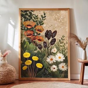 botanical printdecor Wall Art: Earthy Wildflower Illustration, Vivid Mughal Plant Print, Cottagecore Boho Decor