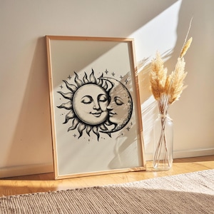 Vintage Sun and Moon Art Print: Celestial Lovers Illustration (Digital Download)