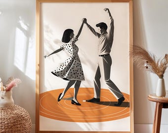Lámina retro de pareja bailando, arte de tocadiscos (descarga digital)