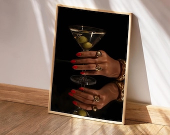Retro Martini Art Print: Black Woman, Gold Jewelry (Digital Download)