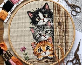 Peekaboo Cats Cross Stitch Pattern – Whimsical Feline Embroidery Chart (PDF Download)