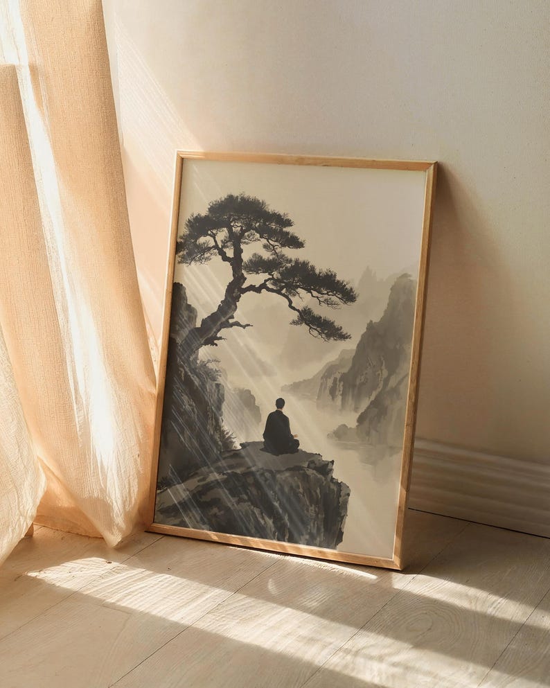 Framed Zen Buddha Bodhi Tree print with a meditating silhouette on misty rocky cliffs; moody vintage Chinese Buddhist artwork.