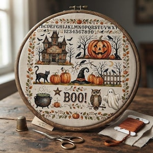 Könnte beinhalten: Ein runder Holzstickrahmen mit einem Stoff, der eine Halloween-Szene mit einem Spukhaus, Kürbissen, einer schwarzen Katze, einem Hexenhut, einer Eule, einem Geist sowie dem Text "ALL HALLOWS EVE" und "BOO!" samt Alphabet und Zahlen zeigt.