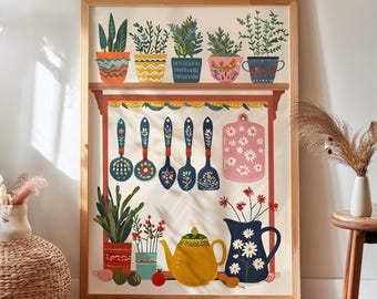 Scandinavian Folk Art Kitchen Print, Potted Plants & Mugs Illustration (Digital Download)