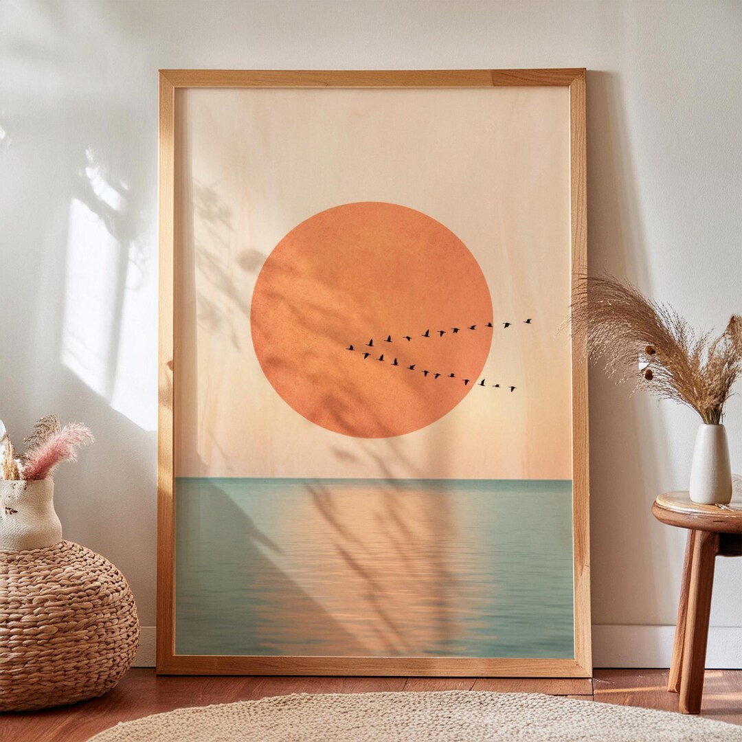 Mid Century Modern Rising Sun Art, Japanese Abstract Landscape Painting ...