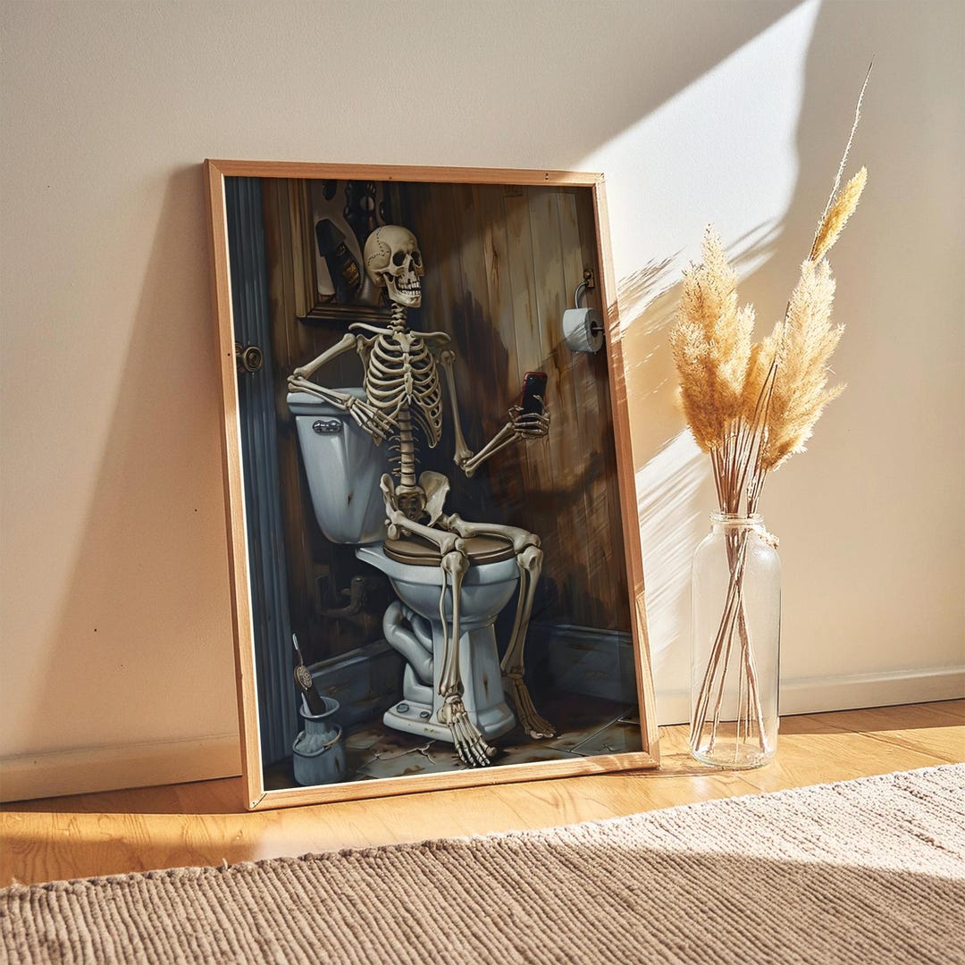 Skeleton on Toilet Art Print | Spooky Bathroom Decor | Halloween Wall Art | Digital Download ...