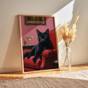 Czarny kot Martini Art Print | Fantazyjna sztuka ścienna z koktajlami i ekscentryczna dekoracja baru | Idealny prezent dla miłośników kotów