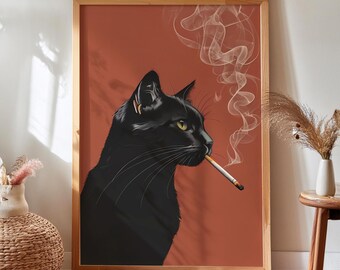 Vintage Black Cat Smoking Art Print, Retro Whimsical Decor (Digital Download)