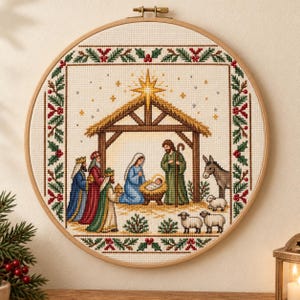 May include: A circular wooden embroidery hoop containing a cross-stitch nativity scene. The design features a stable, a bright yellow star, the holy family, three wise men, a donkey, and three sheep, all framed by a green holly border.