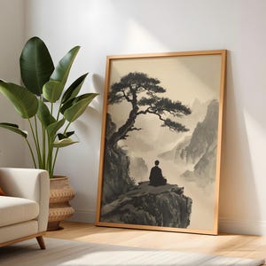 Framed Zen Buddha Bodhi Tree print with a meditating silhouette on misty rocky cliffs; moody vintage Chinese Buddhist artwork.