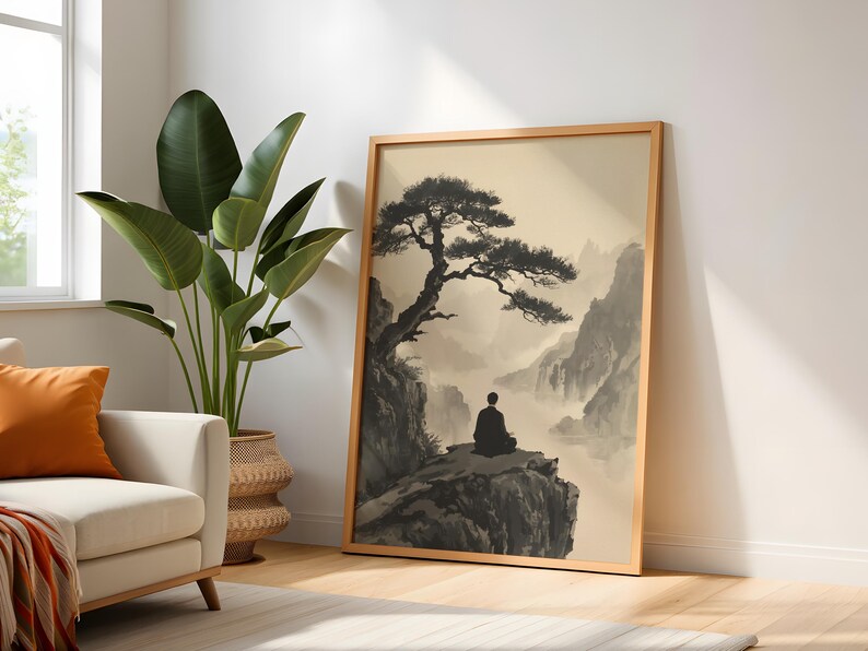 Framed Zen Buddha Bodhi Tree print with a meditating silhouette on misty rocky cliffs; moody vintage Chinese Buddhist artwork.